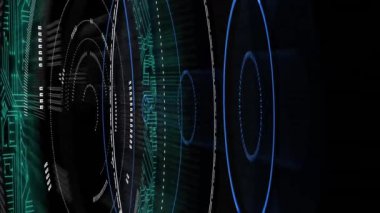 Mor dijital dalgalar üzerinde dönen çoklu raunt tarayıcıları siyah arkaplana çarpıyor. teknoloji arkaplan kavramı