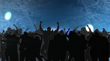 Mavi arka planda dans eden insanların siluetine karşı ışığın dijital animasyonu. gece hayatı ve konser konsepti