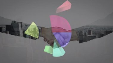 İş adamı ve iş kadınının şehir manzarasına karşı el sıkışmasının orta bölümünün grafiği. iş ortaklığı ve teknoloji kavramı