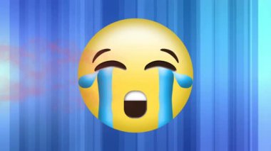 Kırmızı dijital dalganın dijital animasyonu ağlayan yüz emojisi üzerinde mavi gradyan arkaplana karşı. ifade ve iletişim kavramı