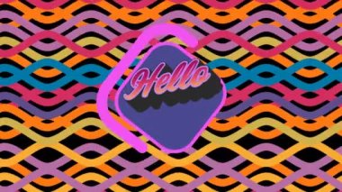 Mor pankarttaki merhaba metninin dijital animasyonu siyah arkaplandaki renkli dalgalanma çizgilerine karşı. Video oyunu arayüzü ve teknoloji kavramı