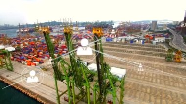 Deniz limanı deposunun hava görüntüsüne karşı profil simgeleri ağı. lojistik ve ulaşım sektörü kavramı