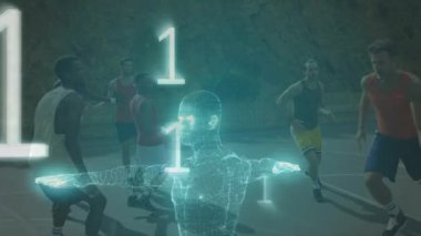 Basketbol sahasında erkek basketbol grubuna karşı dönen insan modeli üzerine ikili kodlama. Tıbbi araştırma ve spor bilimi teknolojisi kavramı