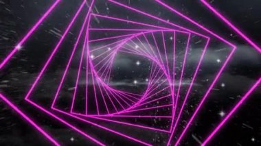 Pembe kare şekillerin dijital animasyonu uzayda parlayan yıldızlara karşı kusursuz bir hareketle dönüyor. doku ve tasarım ile teknoloji arkaplanı
