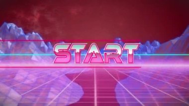 Kırmızı zemin üzerindeki üç boyutlu dağ yapılarına karşı neon pankartın üzerindeki başlangıç metninin dijital animasyonu. Video oyunu arayüzü ve teknoloji kavramı