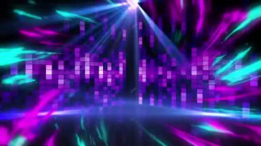 Dijital dalgaların dijital animasyonu ve siyah arkaplandaki mozaik karelerin üzerindeki ışık lekesi. gece hayatı ve konser konsepti