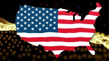 Amerikan bayrağının üzerine düşen konfeti siyah arkaplandaki dijital dalgalara karşı bir harita oluşturdu. Amerikan bağımsızlık günü konsepti