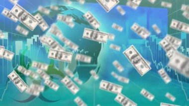 Yeşil arka plandaki istatistiksel veri işlemesine karşı dönen küre üzerinde Amerikan doları banknotları. küresel ekonomi ve teknoloji kavramı