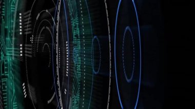 Siyah zemin üzerinde patlayan mor ışık izi üzerindeki çoklu yuvarlak tarayıcıların dijital animasyonu. teknoloji arkaplan kavramı