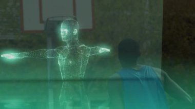 Basketbol sahasında basketbol oynayan Afrikalı Amerikalı adama karşı dönen insan modeli. Tıbbi araştırma ve spor bilimi teknolojisi kavramı