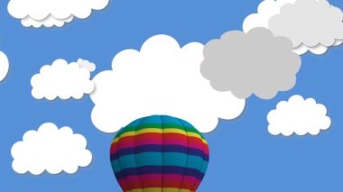 Sıcak hava balonunun dijital animasyonu mavi arkaplanda bulut simgelerine karşı yüzüyor. etkinlik dekorasyonu ve parti kutlama konsepti