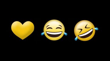 Gülen surat emojilerinin dijital animasyonu ve siyah arka planda sarı kalp ikonu. ifade ve iletişim kavramı