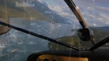 Bağlantıların ve veri işlemenin ağı özel uçağın ön paneline karşı. Havacılık ve uçuş konsepti