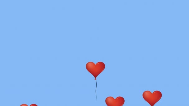 Digital Animation Flera Röda Hjärtformade Ballonger Som Flyter Mot Blå — Stockvideo
