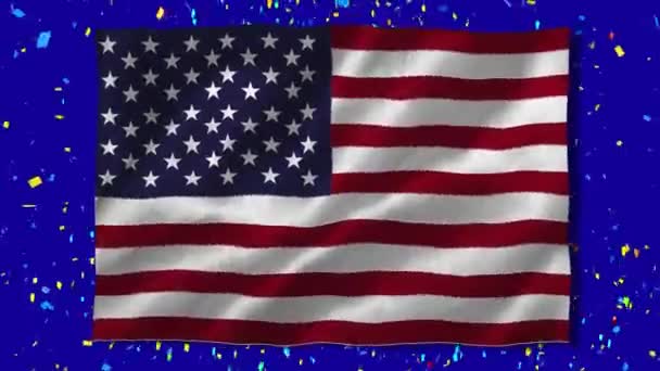 Digital Animation Waving American Flag Confetti Falling Blue Background American — Stock Video