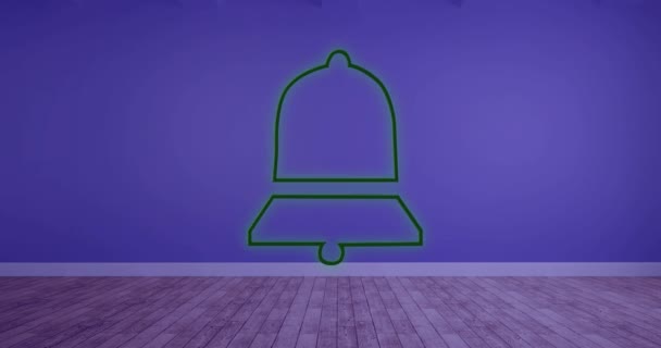 Digital Animation Neon Green Notification Bell Icon Blue Background Social — Stock Video