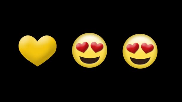Digitální Animace Očí Srdce Tvář Emojis Žluté Srdce Ikony Černém — Stock video