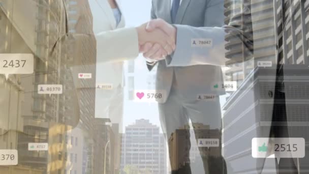 Digital Icon Increasing Numbers Mid Section Businessman Businesswoman Shaking Hands — Stock Video