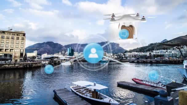 Sieć Ikon Profili Nad Dronem Przewożącym Skrzynkę Przesyłkami Tle Koncepcja — Wideo stockowe