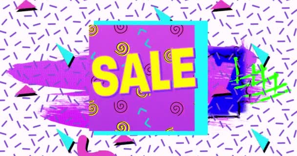 白を背景に抽象的なカラフルな形状に対する紫色のバナー上の販売テキストのデジタルアニメーション 販売割引や小売業のコンセプト — ストック動画