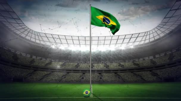 Kapcsolatok Hálózatba Szervezése Lengő Brazil Zászló Felett Sportstadionnal Szemben Háttérben — Stock videók