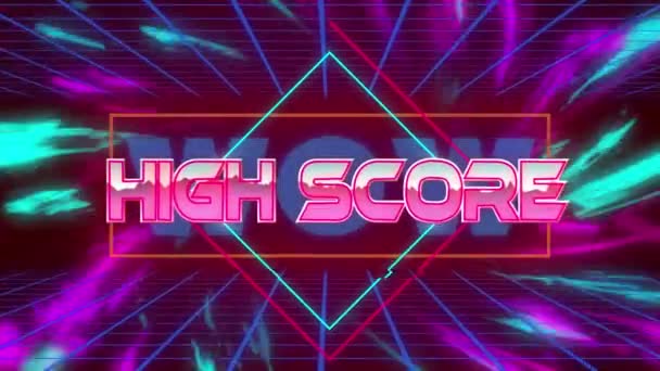 Hoge Score Tekst Neon Banner Tegen Digitale Golven Raster Netwerk — Stockvideo