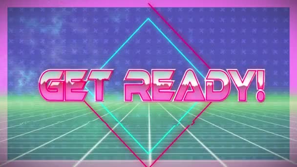 Digital Animation Get Ready Text Neon Banner Green Grid Network — Stock Video