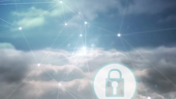 Świecąca Sieć Połączeń Przeciwko Neonowej Ikonie Bezpieczeństwa Kłódki Przed Chmurami — Wideo stockowe