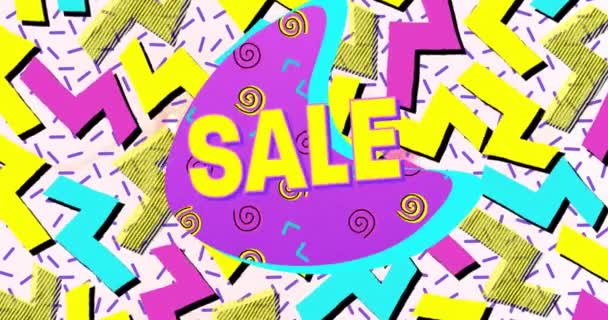 数字动画的销售文字在紫色横幅上与抽象的彩色图形在白色背景上 销售折扣和零售业务概念 — 图库视频影像