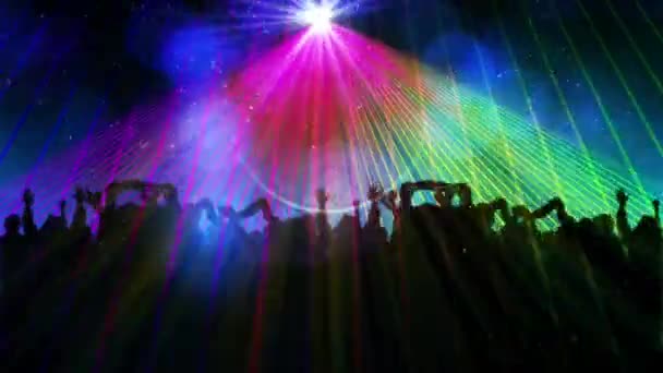 Digitale Animatie Van Kleurrijke Schijnende Lichten Silhouet Van Dansende Mensen — Stockvideo
