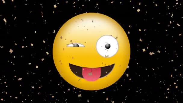 Digital Animation Golden Confetti Falling Silly Face Emoji Black Background — Stock Video