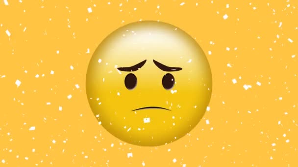 Animação Digital Confetes Brancos Caindo Sobre Emoji Rosto Triste Fundo — Vídeo de Stock