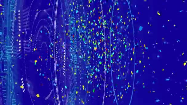 Цифрова Анімація Конфетті Падає Декілька Круглих Сканерів Синьому Фоні Технологічний — стокове відео