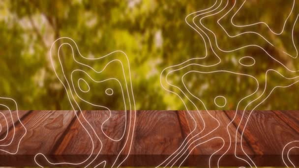 Digitale Animation Der Topographie Über Holzfläche Gegen Waldweg Hintergrund Herbstliches — Stockvideo
