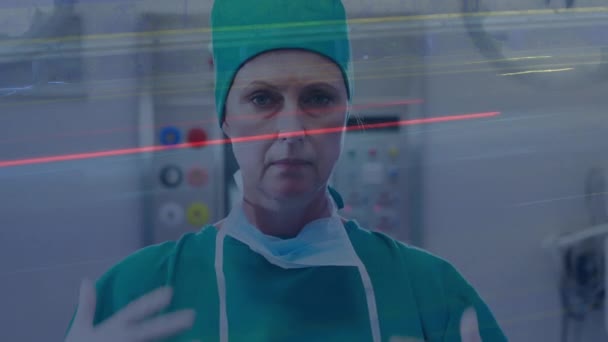 Digitale Compositie Van Portret Van Vrouwelijke Chirurg Met Gezichtsmasker Tegen — Stockvideo