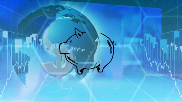 Piggy Bank Icon Dollar Sign Globe Statistical Data Processing Blue — Stock Video