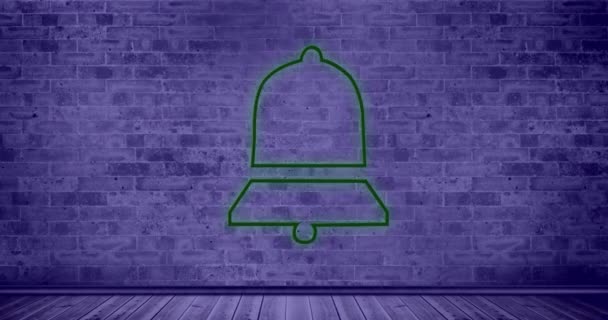 Digitální Animace Neonově Zelené Ikony Oznamovacího Zvonku Proti Cihlové Zdi — Stock video