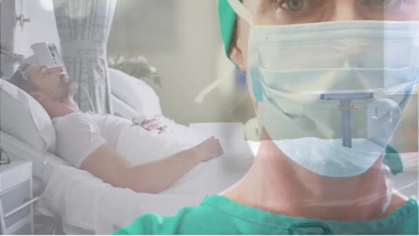 在医院病床上对着高加索男人戴口罩的高加索女外科医生的画像 保健和医疗概念 — 图库视频影像