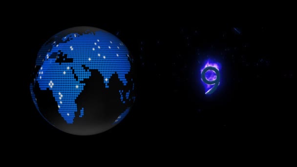 Animation Numérique Neuf Icônes Numériques Sur Feu Icône Globe Tournant — Video