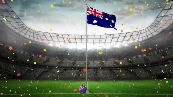 Confettis Dorés Tombant Sur Drapeau Australien Agitant Contre Stade Sportif — Video