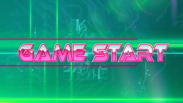 Game Start Text Neon Banner Microprocessor Connections Forming House Green — Stock Video
