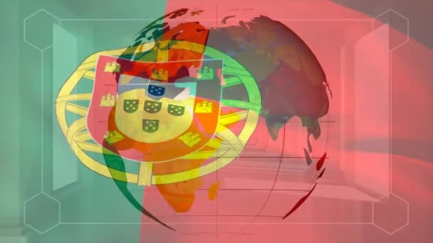 Vifta Portugal Flagga Mot Snurrande Jordglob Och Digitalt Gränssnitt Med — Stockvideo