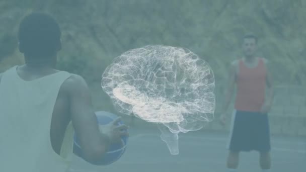 Lidský Mozek Točí Proti Africkému Američanovi Hrajícímu Basketbal Basketbalovém Hřišti — Stock video