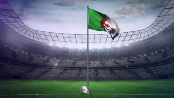Particules Blanches Flottant Sur Drapeau Algérie Agitant Contre Stade Sport — Video