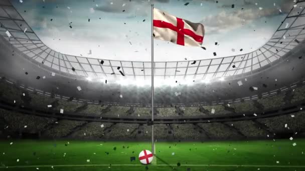 Konfetti Fällt Über Die Schwenkende Englische Flagge Gegen Das Sportstadion — Stockvideo