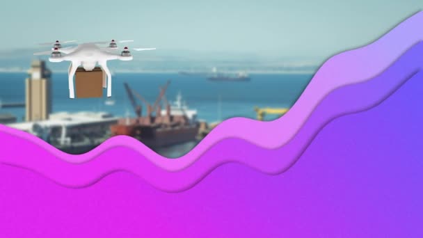 Fioletowy Abstrakcyjny Kształt Cieczy Nad Dronem Niosącym Skrzynkę Dostawy Tle — Wideo stockowe