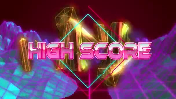 Hoge Score Tekst Neon Banner Tegen Berg Structuren Rode Achtergrond — Stockvideo