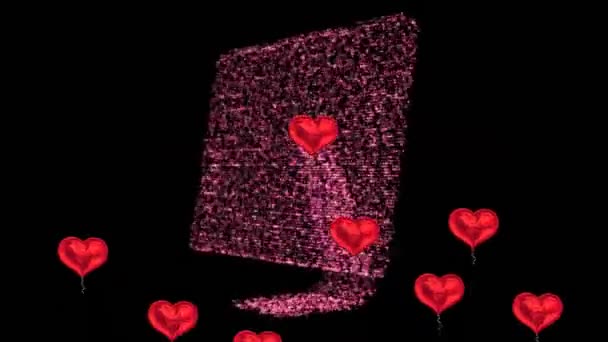 Πολλαπλά Κόκκινα Μπαλόνια Σχήμα Καρδιάς Που Επιπλέουν Κατά Μοντέλο Υπολογιστή — Αρχείο Βίντεο