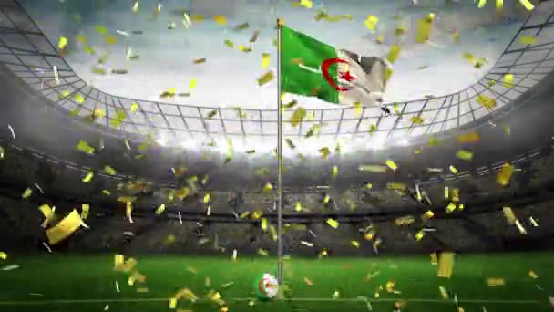 黄金のコンフェッティは 背景にスポーツスタジアムに対してアルジェリアの旗を振って落ちます スポーツ競技とトーナメントのコンセプト — ストック動画