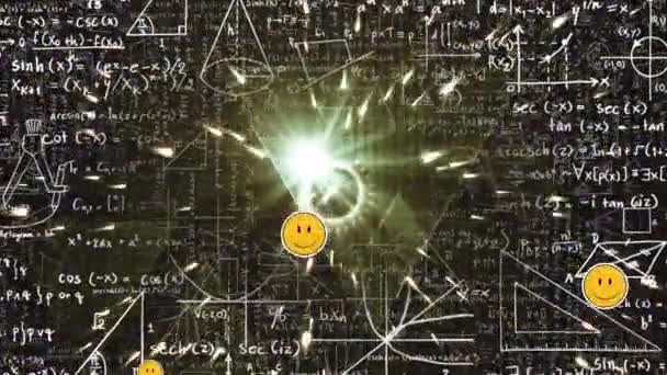 Emojis Sonrientes Flotando Sobre Senderos Luz Contra Ecuaciones Matemáticas Sobre — Vídeo de stock